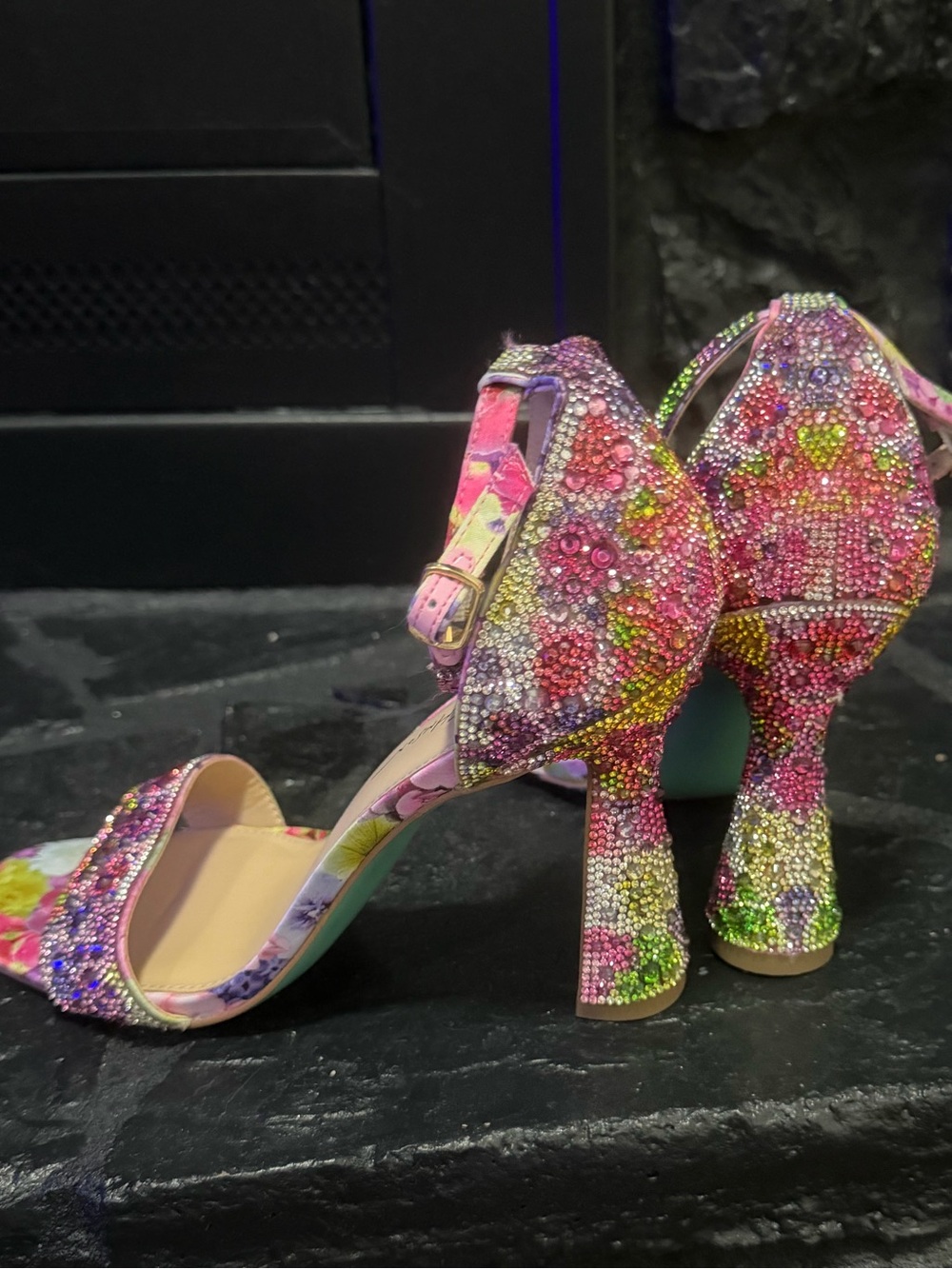 Betsey Johnson Pink Multicolor Crystal Floral Block Heels - Picture 2 of 6